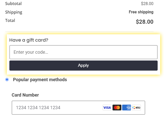 Screenshot of Gift Card checkout option
