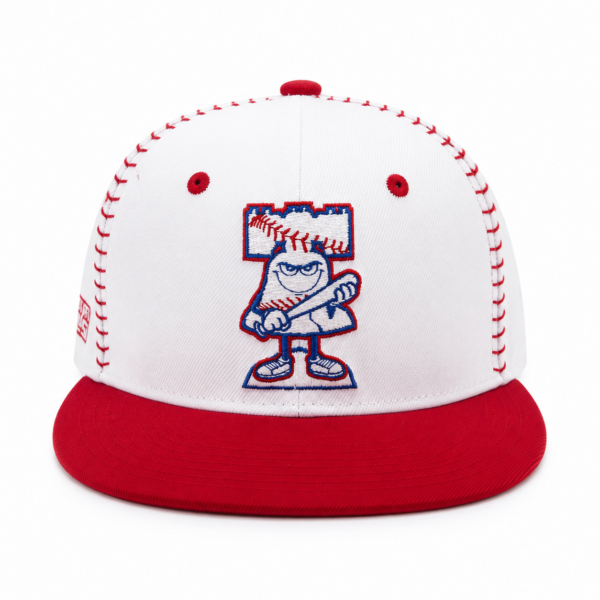 Kids Liberty Bell Mascot Baseball Snapback hat with white crown, red brim and embroidered baseball mascot