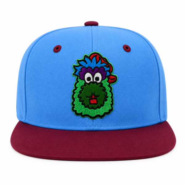 Youth Phanatic snapback hat with light blue crown, maroon brim and embroidered green mascot