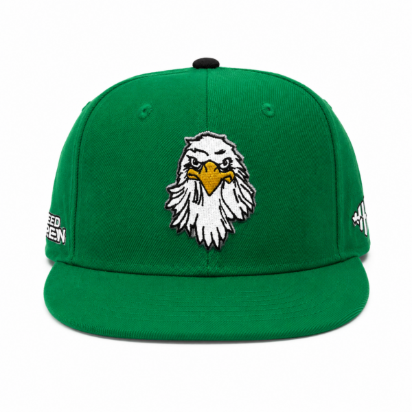 Kids Eagle Mascot Snapback hat front view in green with embroidered eagle head design